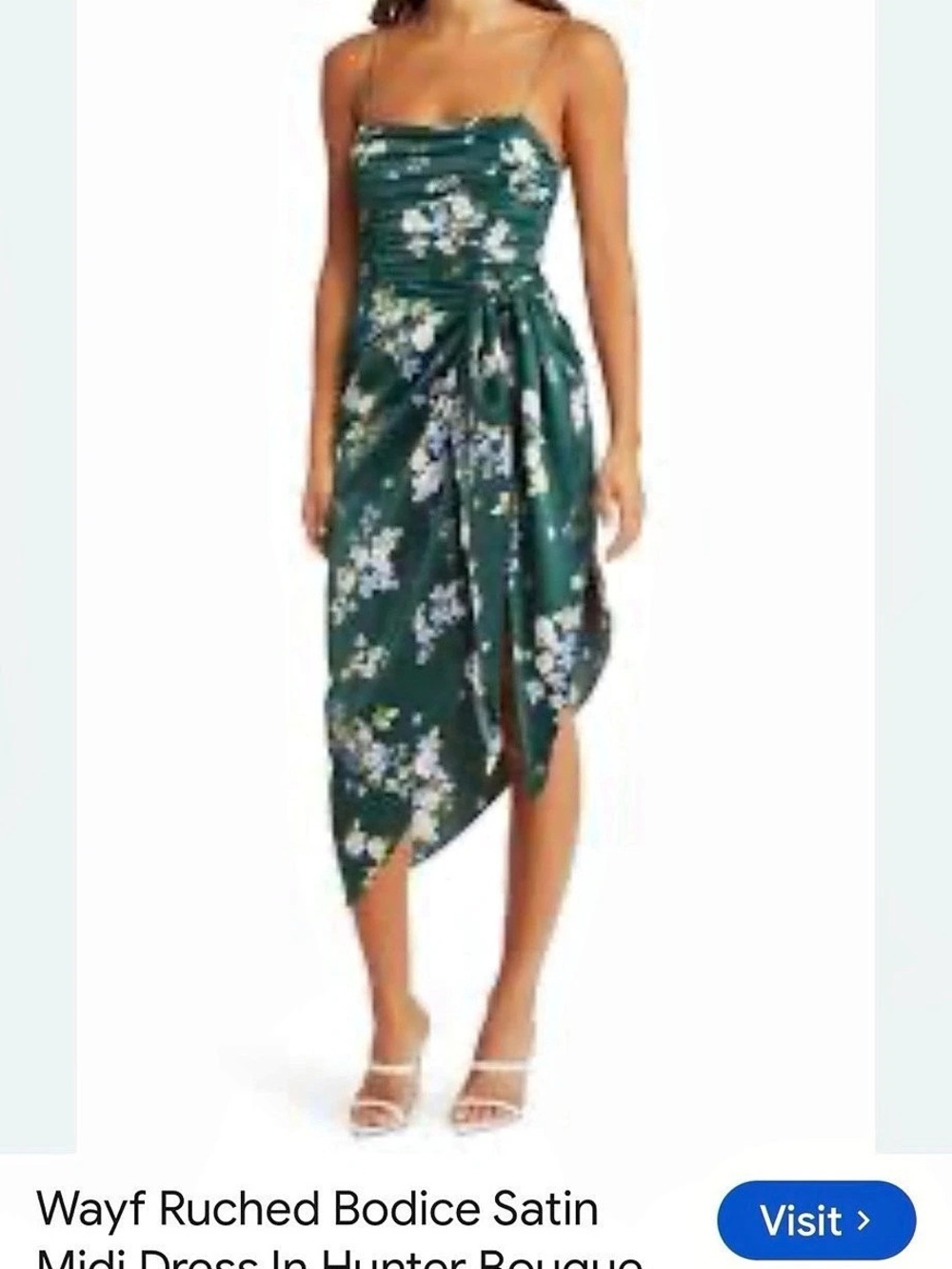WAYF Ruched Bodice Satin Midi Dress in Green & White